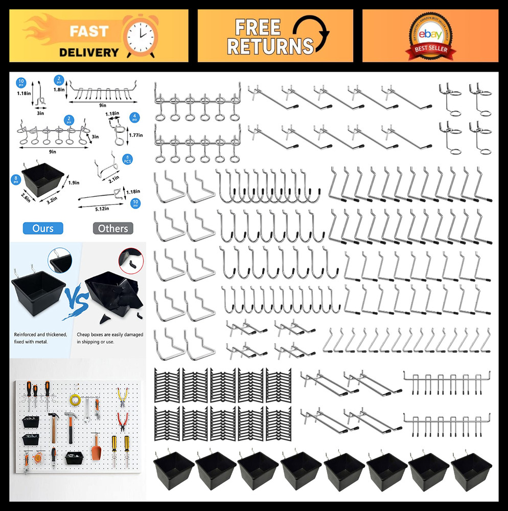 258PCS Pegboard Hook Set - Tool Organizer Kit with Bins & Assorted Hooks