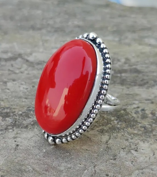 Solid 925 Sterling Silver Red Coral Large Oval Gemstone Statement Handmade Ring