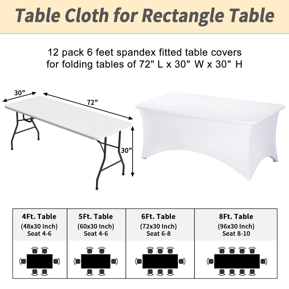 12 Pack White Spandex Rectangular Table Covers, 72"L x 30"W x 30"H, Wedding, ...