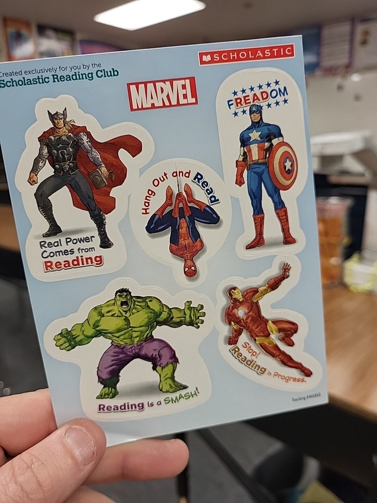 Marvel Sticker Sheet With 5 New Stickers Hulk, Ironman Spiderman Thor Capt Ameri