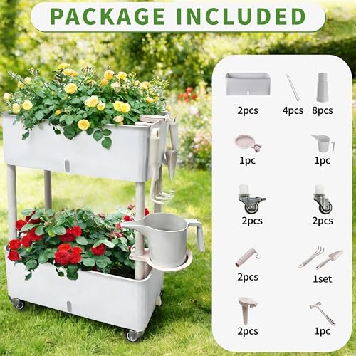 Self-Watering Raised Planter Box with Lockable Wheels,2 Plus Size Two-layer