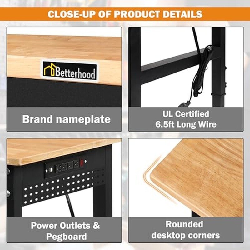 70 In Adjustable Height Workbench 2000LB Heavy Duty Table Power Outlets Pegboard