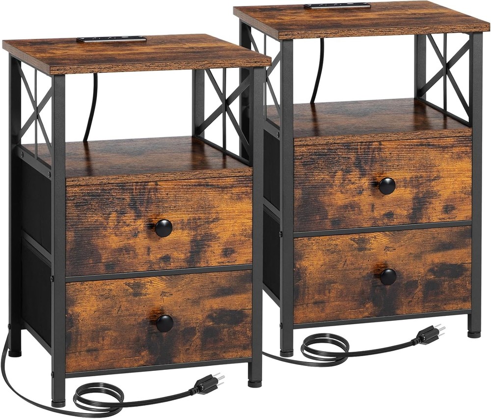 AMHANCIBLE Night Stand Set 2, Nightstand with Charging Station, Rustic Brown