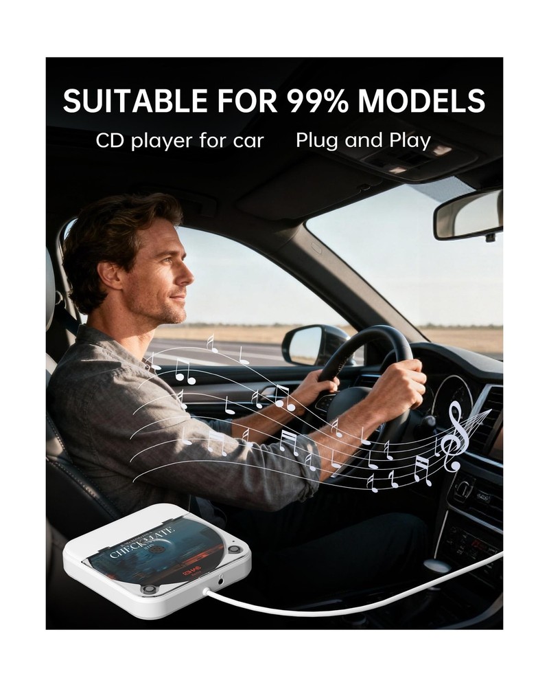 ENVYCLOUD Portable Car CD Player - USB/AUX White CD Player
