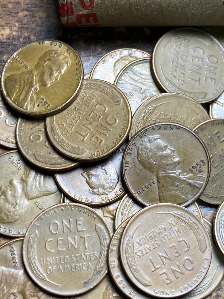 1953-S LINCOLN WHEAT CENT ROLL, nice condition