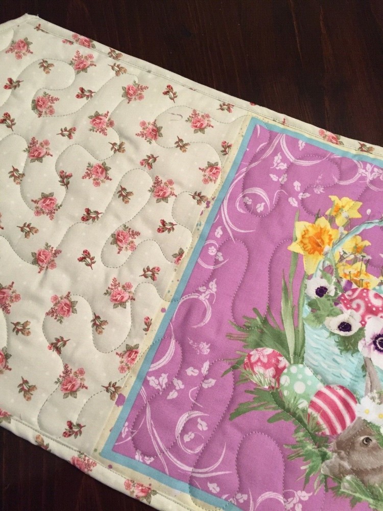 Handcrafted-Quilted Table Runner-Easter Print - Easter Bunny, Flower Print Sides