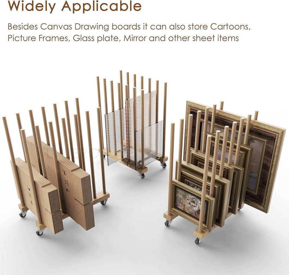 Art Storage Rack with Caster Wheels, Wood Storage Stand for Canvas Boards, Panel