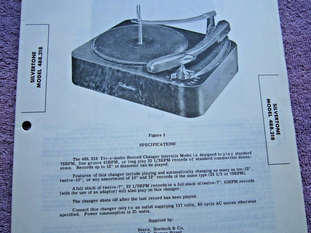 SILVERTONE CHASSIS 488.218 CHANGER TURNTABLE PHOTOFACT