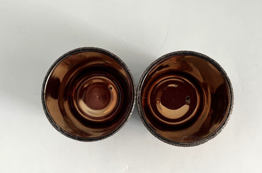 2 BROWN TEALIGHT HOLDERS – RAISED SILVER RINGS – 2.75”