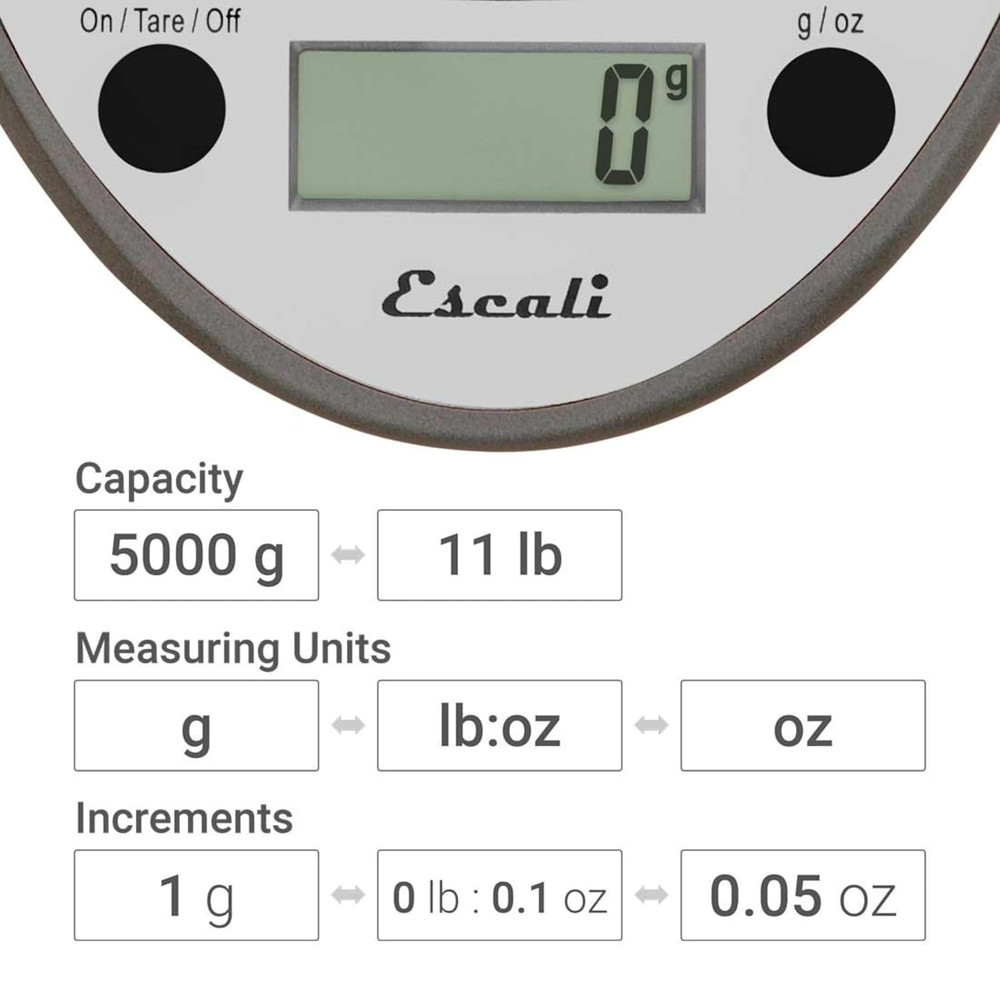 Escali Digital Kitchen Scale, 11 Lb Capacity, Tare Function, Precise Readout, Co