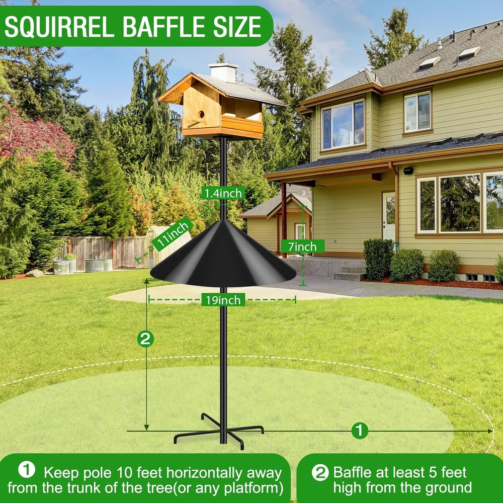 Squirrel Baffle for Bird Feeder Pole - 19" Diameter Mount Guard, Black