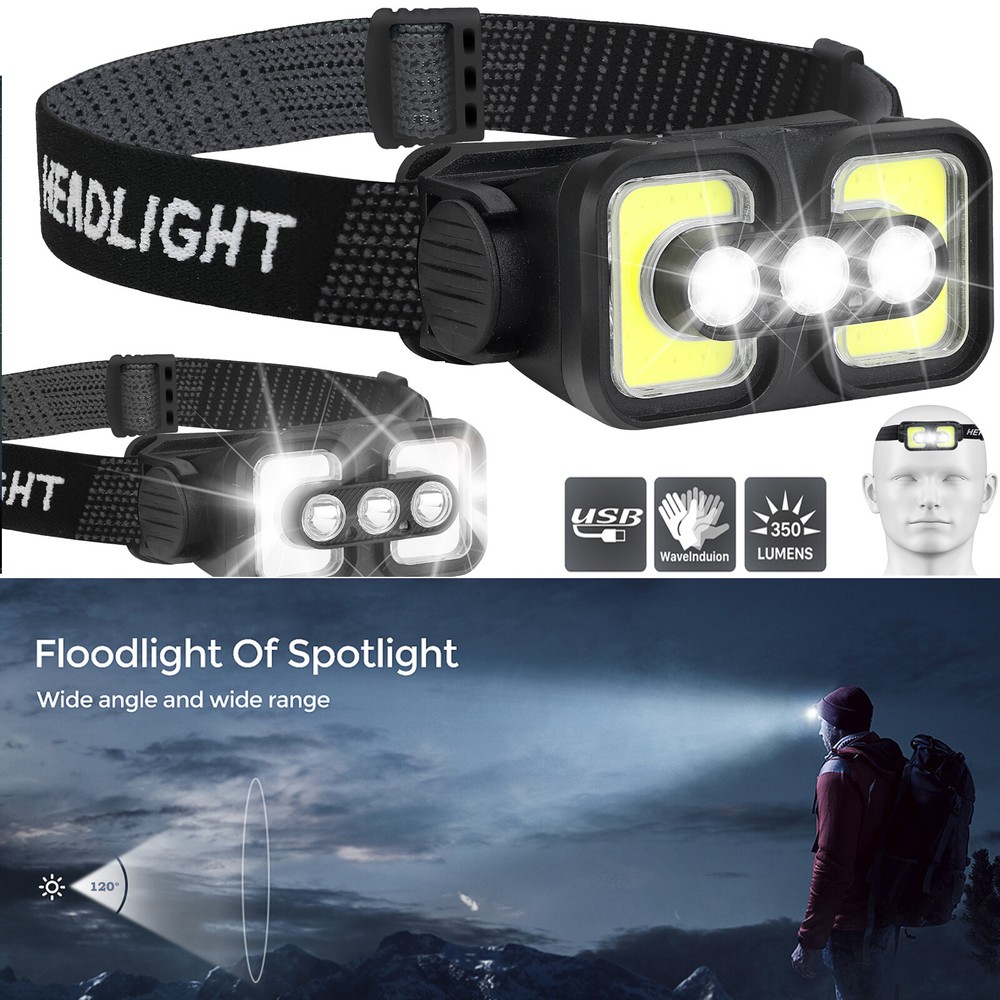 COB LED Sensor Headlamp USB Rechargeable Headlight Torch WorkLight Bar Head Lamp