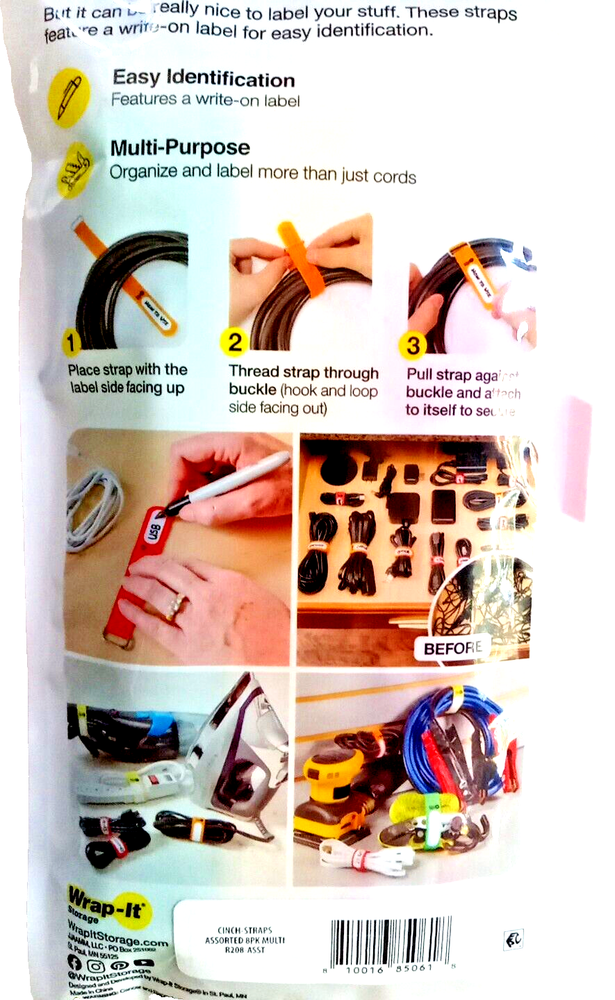 Wrap-It Storage Cinch-Strap Cord Storage Straps, Write On Labels Assorted 8-Pk.