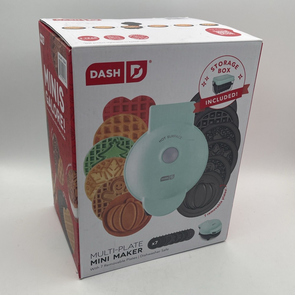 DASH Mini Waffle Maker & 7 Interchangeable Holiday Pattern Plates NEW OPEN BOX