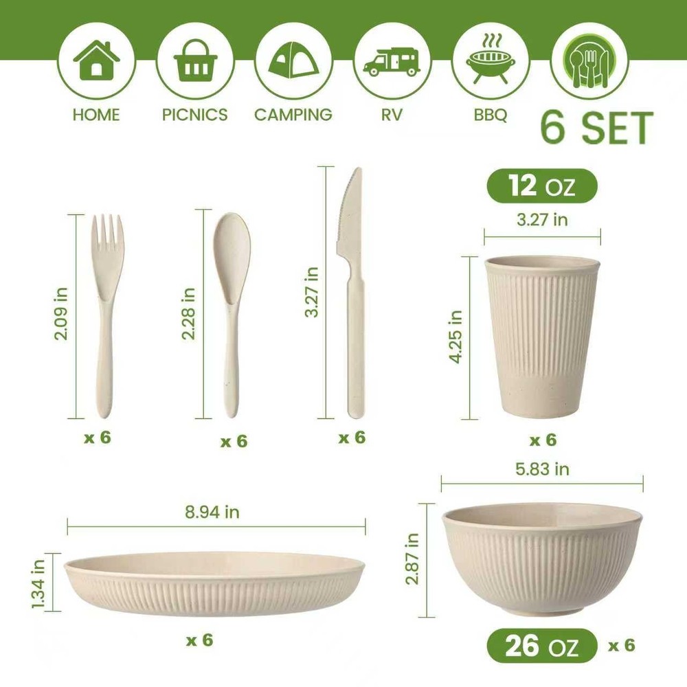 36-Piece Reusable Wheat Straw Dinnerware Sets Dinnerware, Beige