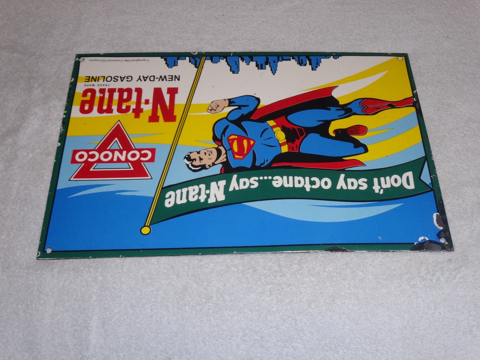 VINTAGE 1946 CONOCO N-TANE SUPERMAN GASOLINE 16" PORCELAIN METAL COMIC BOOK SIGN
