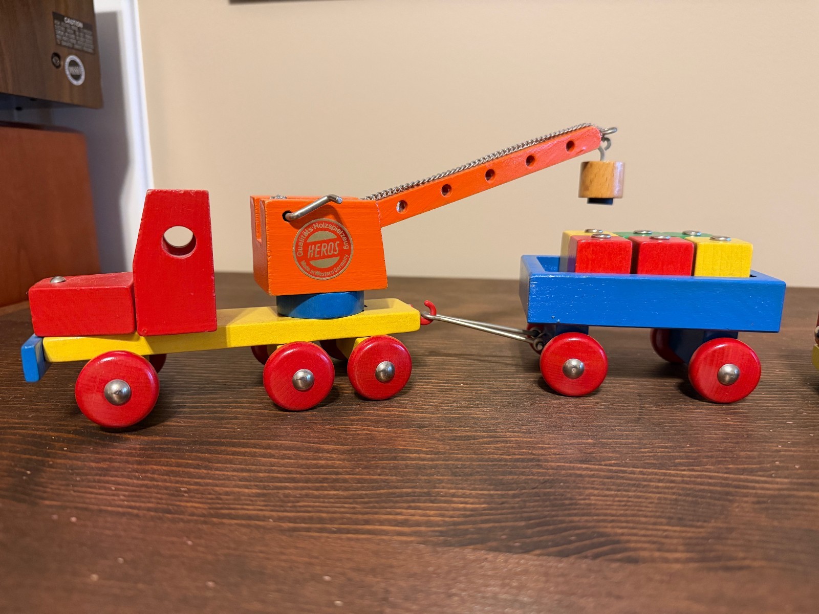 Western Germany Vintage Heros Wooden Toy Car Transporter and Crane Truck Trailer