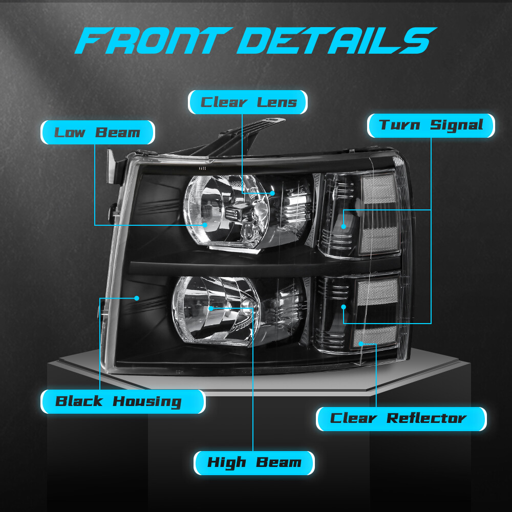 For 2007-2013 Chevy Silverado 1500 2500HD Black Housing Headlights LH & RH