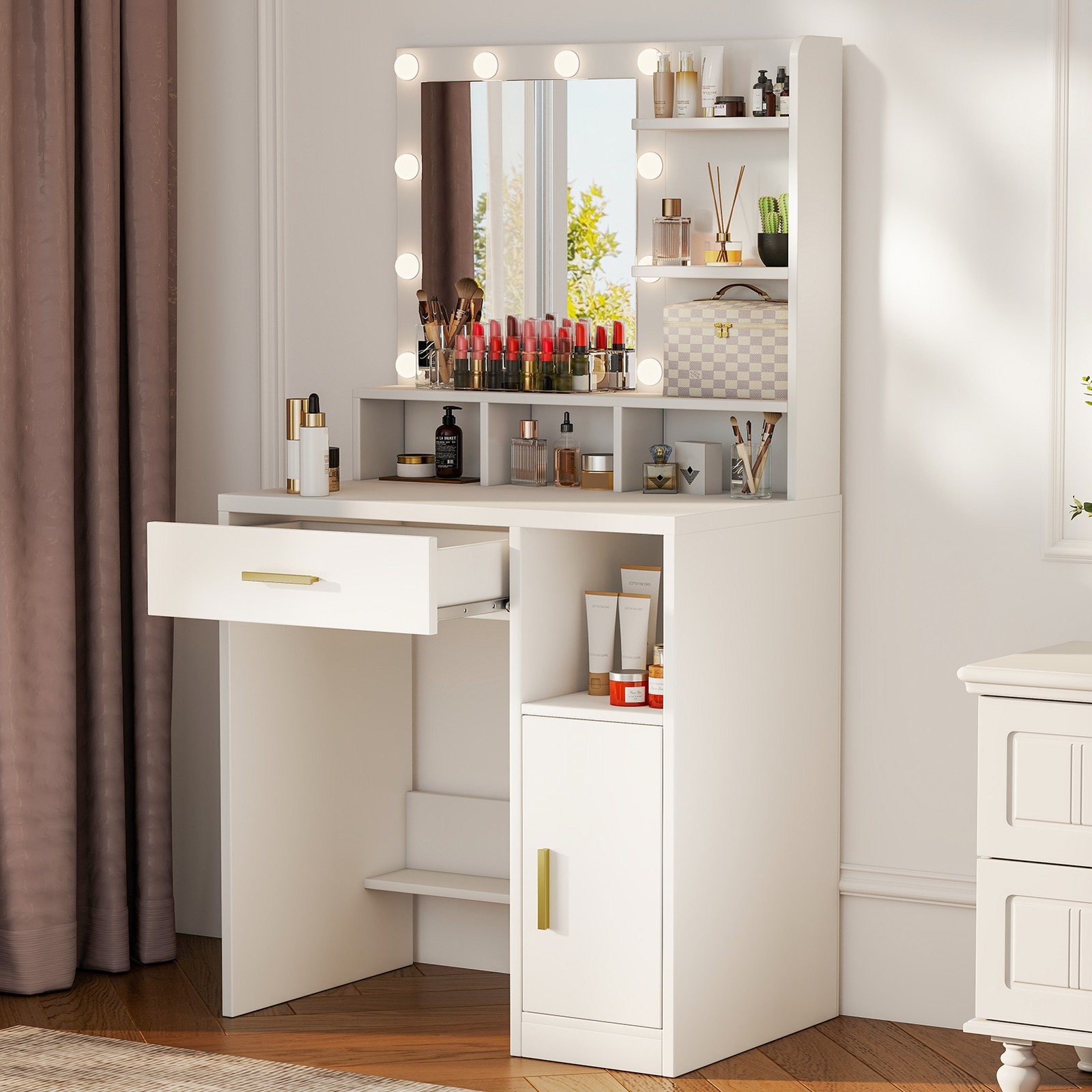 LED Makeup Vanity Table Set with 10 Lights Mirror Drawers Stool Dressing Desk