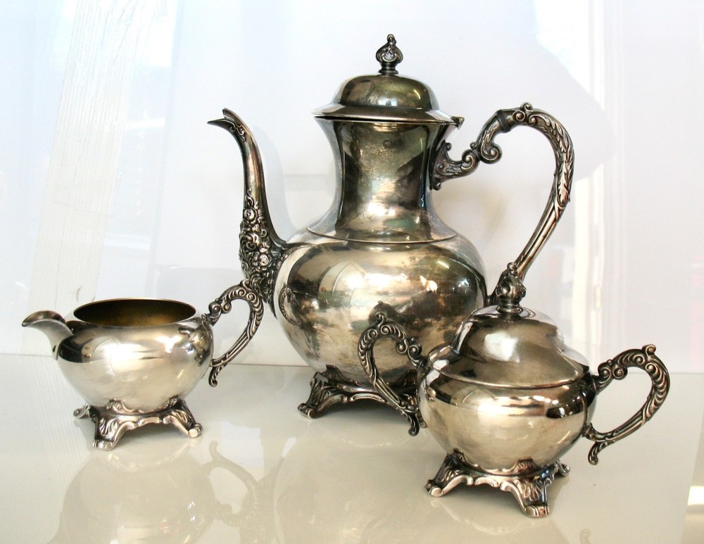 Vintage Silvertone Tea Set Coffee Pot Sugar Creamer Victorian Edwardian