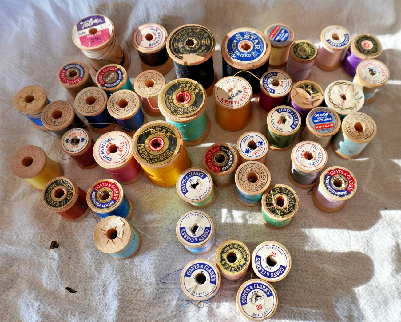 Vintage Wooden Spools Thread Lot 43 Coats & Clark Star Talon Mercerized Colors