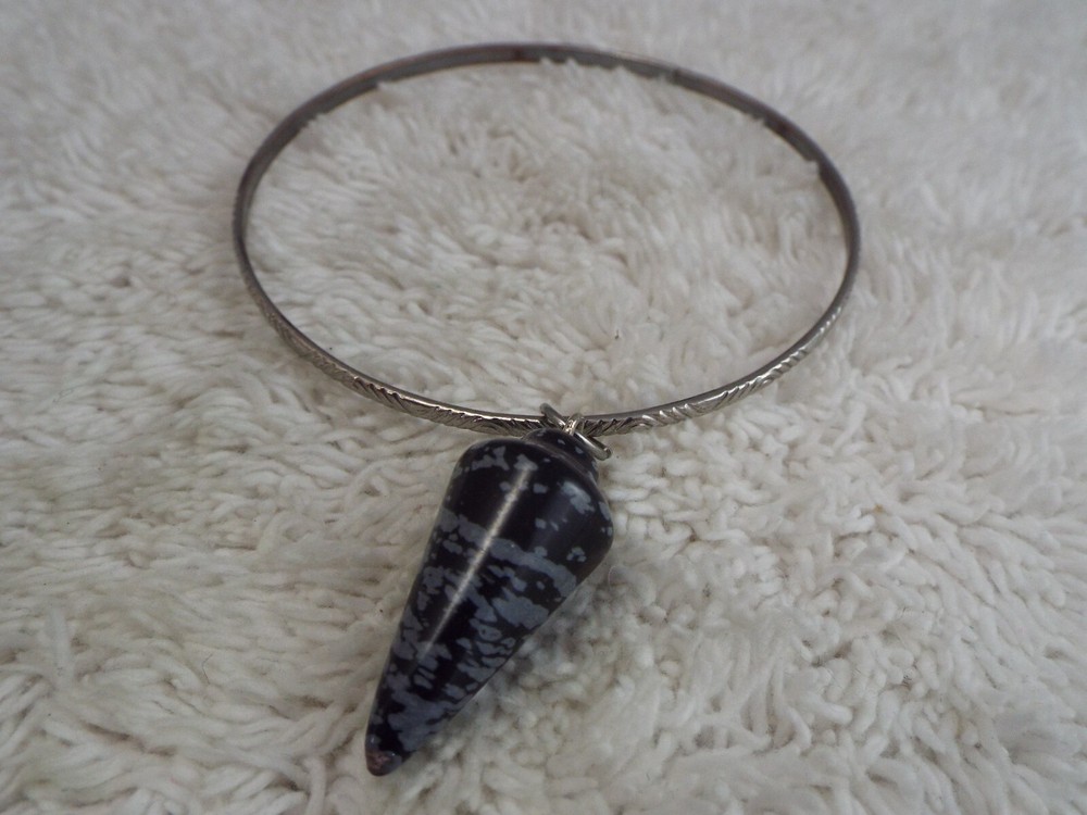 Silvertone Snowflake Obsidian Stone Point Pendulum Charm Bangle Bracelet (A44)