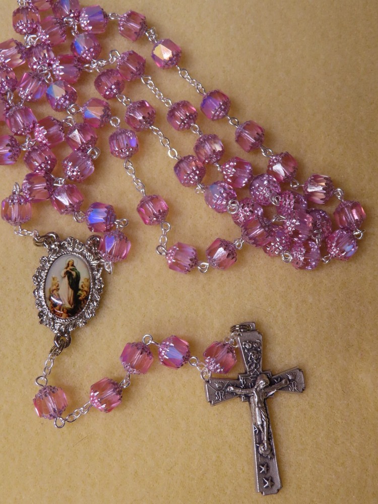 8 mm Faceted Crystal Pink Cathedral Beads + Our Lady - Base Metal Rosary