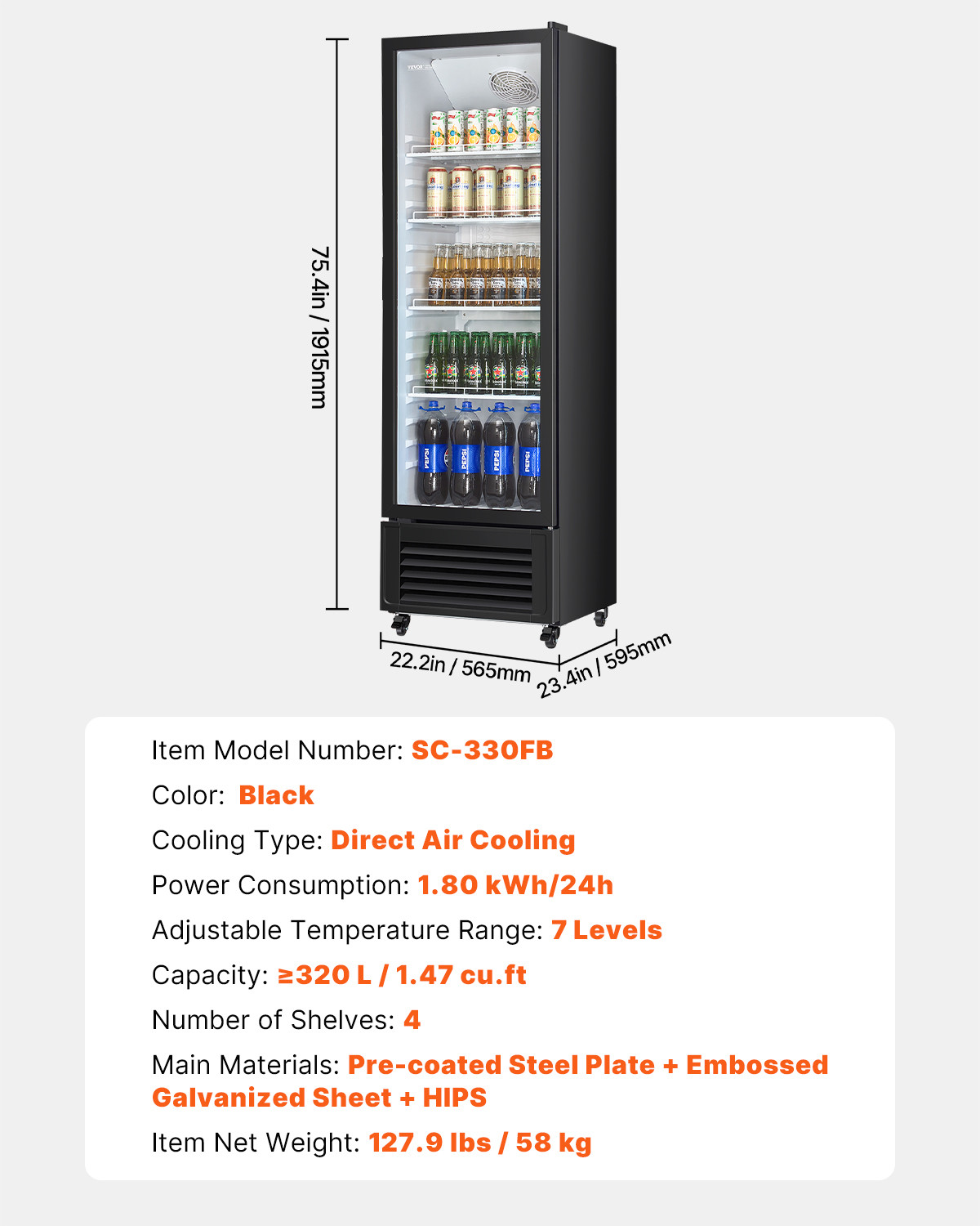VEVOR Commercial Merchandiser Refrigerator 11.47 CU.FT Glass Door Beverage