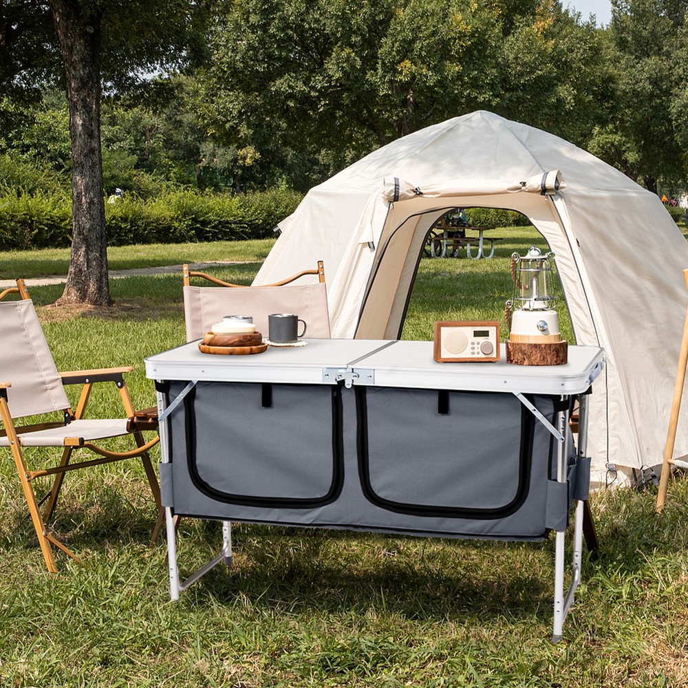 4ft White Folding Camping Table w/ Storage & Adjustable Height, Portable