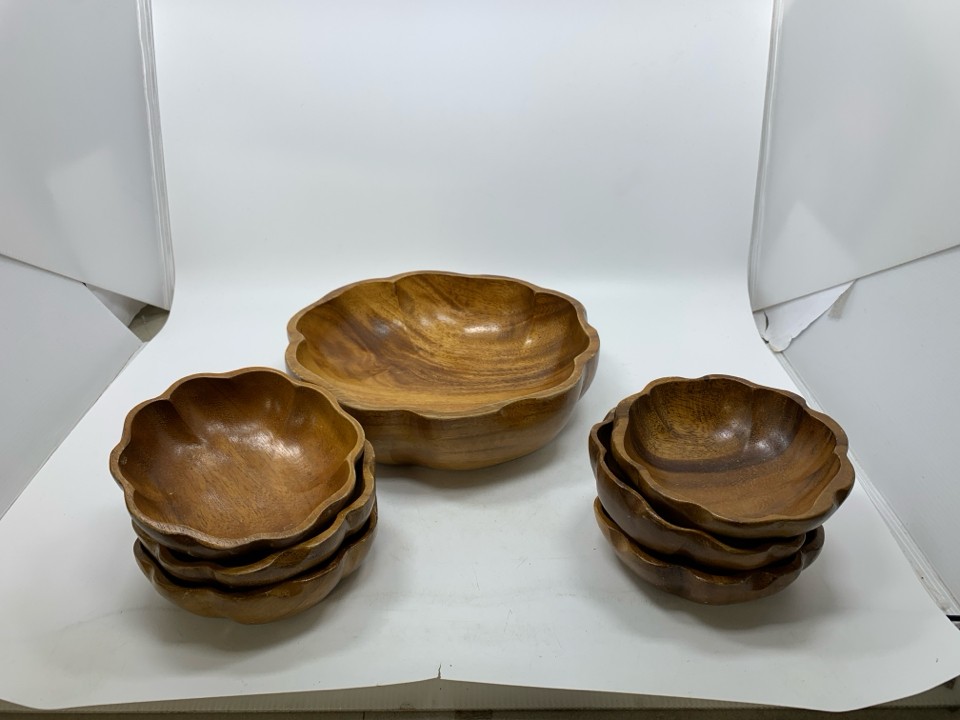 7PC MONKEY POD WOOD SALAD BOWL SET.