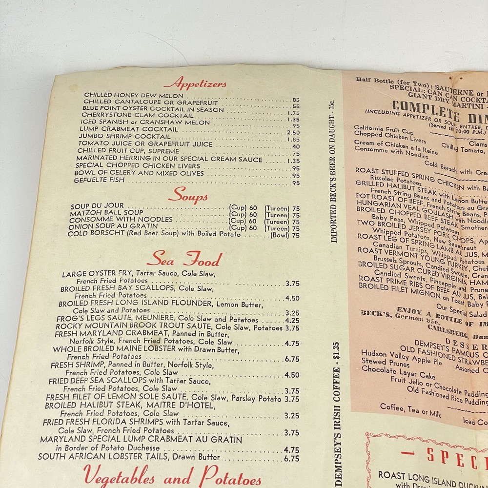 Jack Dempsey’s Restaurant Menu March 7 1971