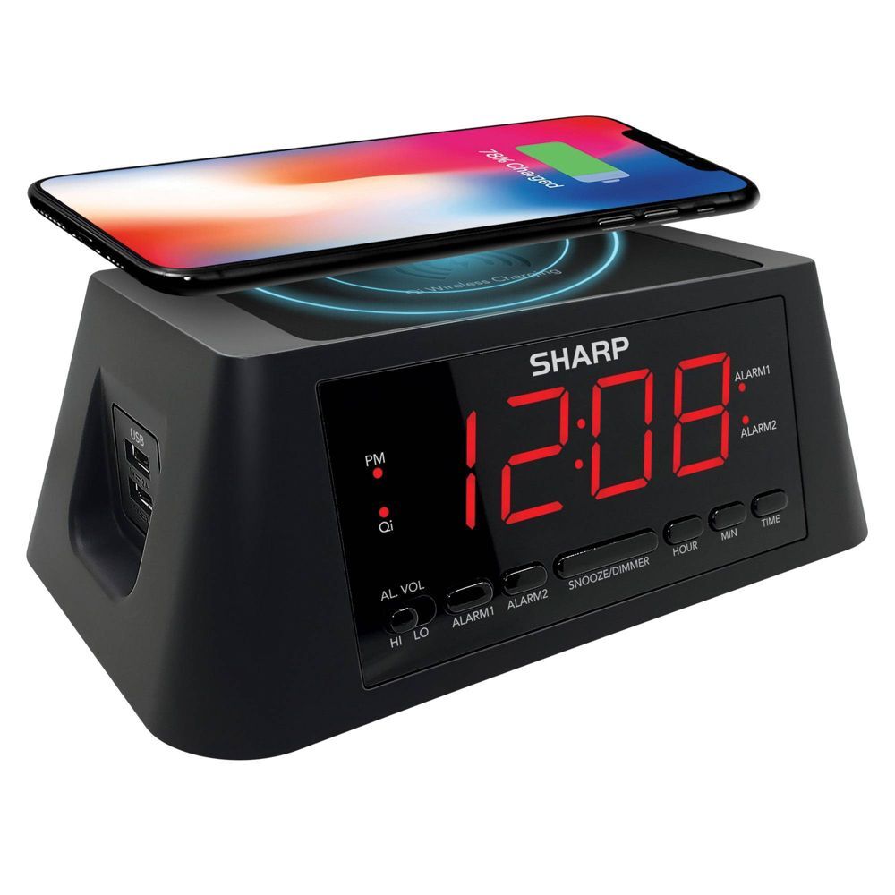Sharp Wireless Charging Table Alarm Clock MagSafe Compatible LED USB Port