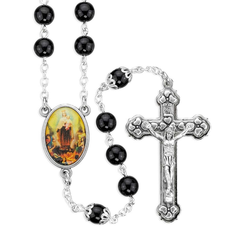 100 Requiem Rosary in 6mm Black Round Glass - Our Lady Centerpiece