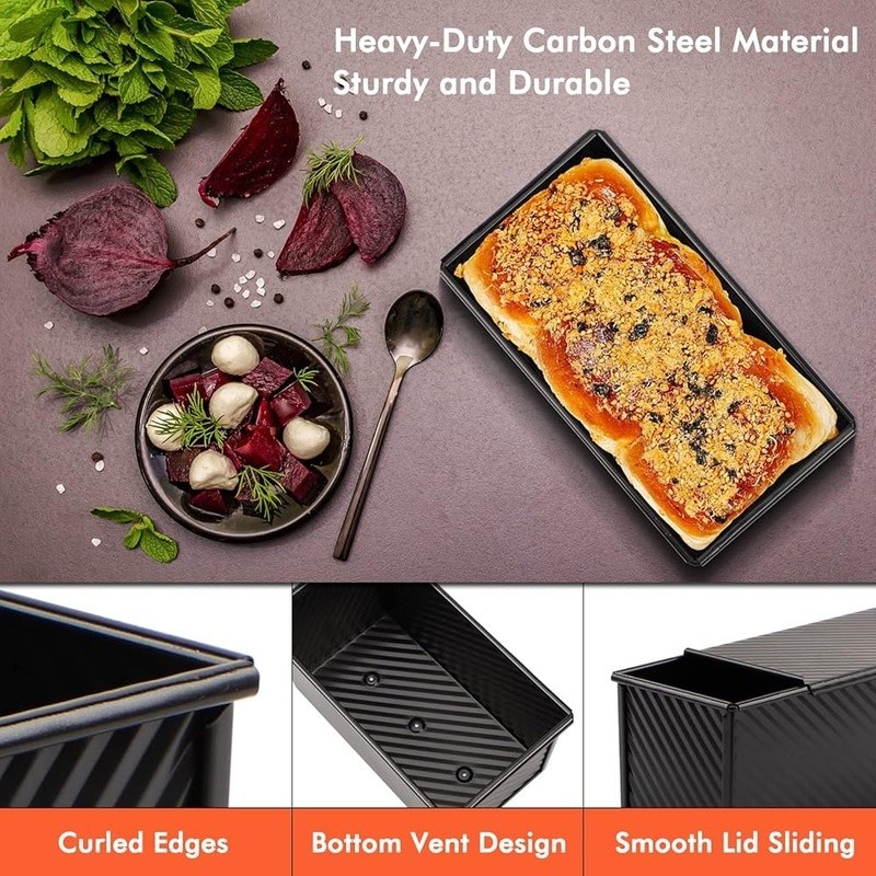 Non-Stick Carbon Steel Bread Pan W/ Lid Rectangular Pullman Ideal Baking New