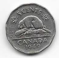 Canada 1949 5 cent  Nickel Circulated