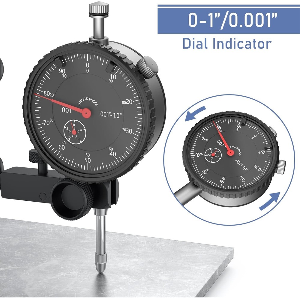 0-1"/0.001"Dial Indicator with 176lbs Max Pull Magnetic Base for Table Saw, CNC