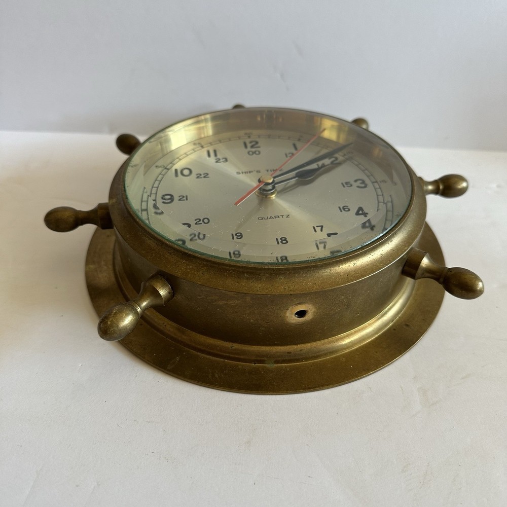 Vintage Ship's Clock Wheel Solid Brass Heavy 9” Needs New Clock Mechanism