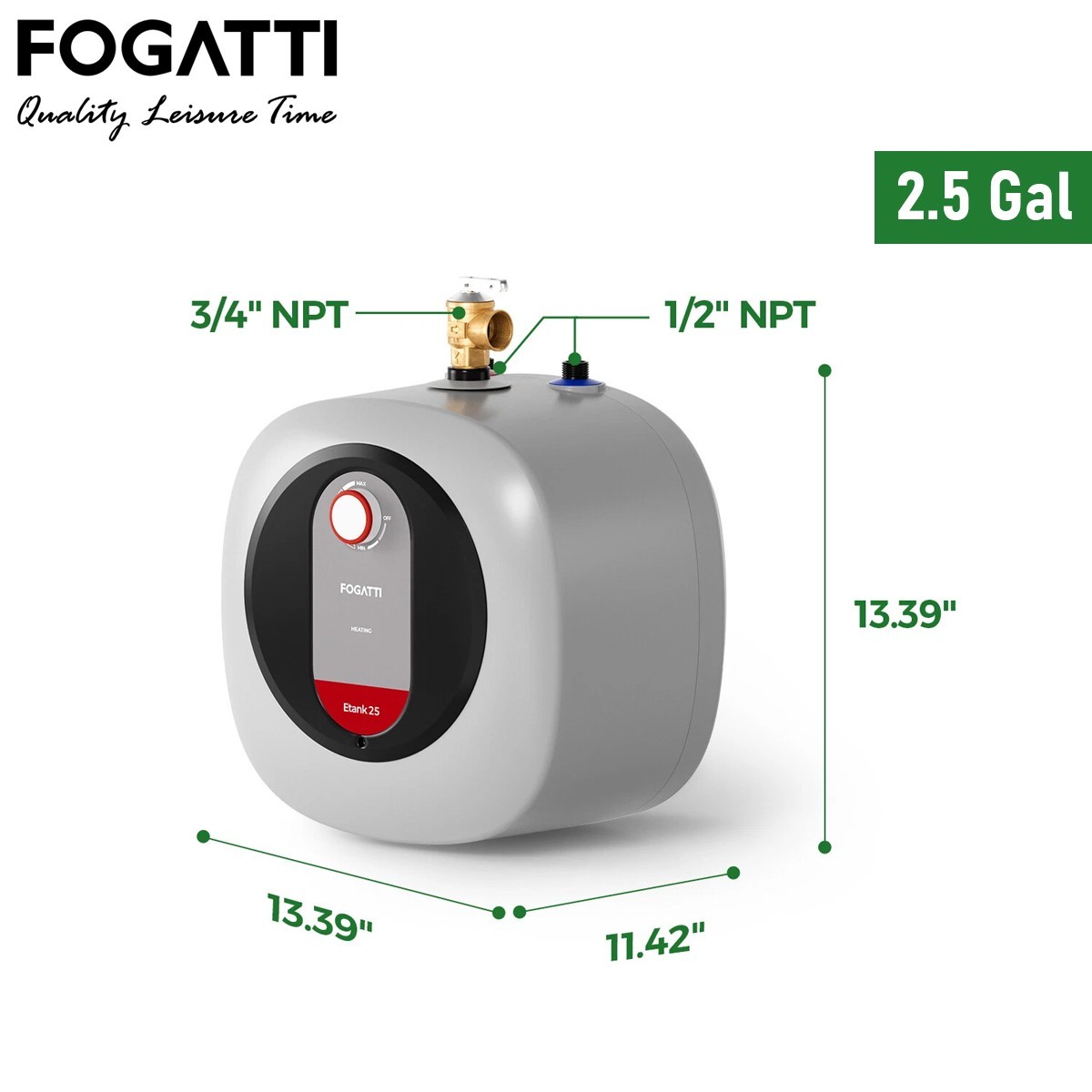 FOGATTI Electric Water Heater Instant Hot Mini-Tank for RV Under Sink 2.5 Gallon