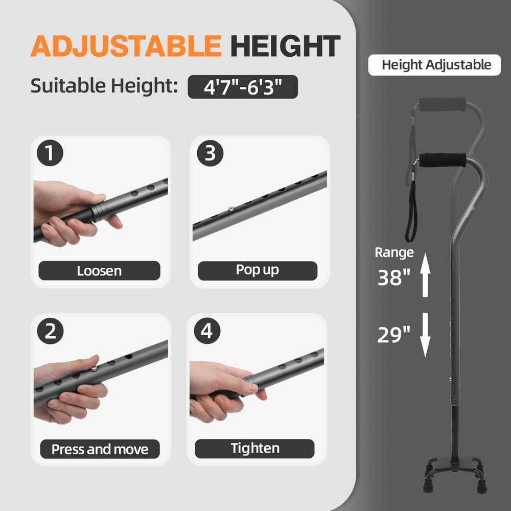 BeneCane Quad Cane Adjustable Walking Cane with Offset Soft Cushioned Handle ...