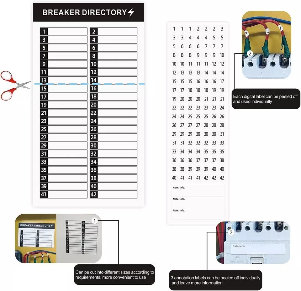 16 Sheets Breaker Panel Labels Electrical Box Sticker Numbers Breaker
