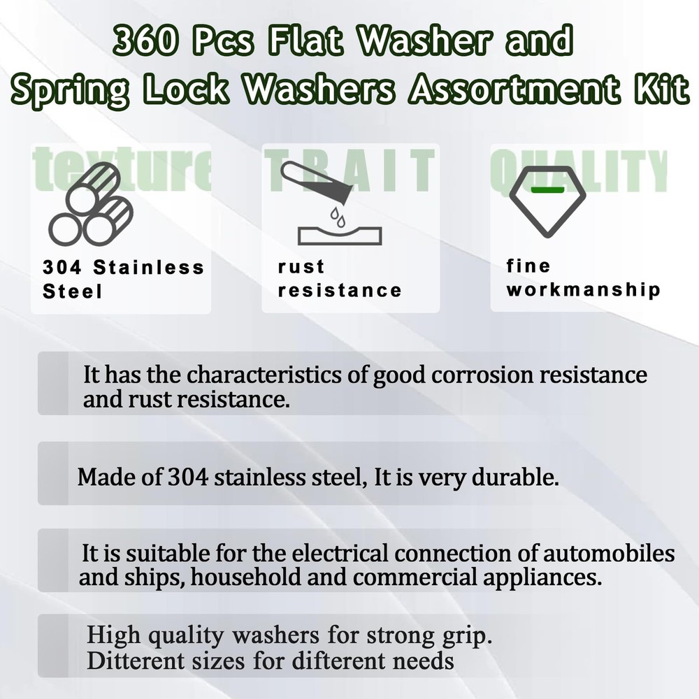 360 Pcs Flat Washer and Spring Lock Washers Assortment Kit7 SAE Sizes Washers