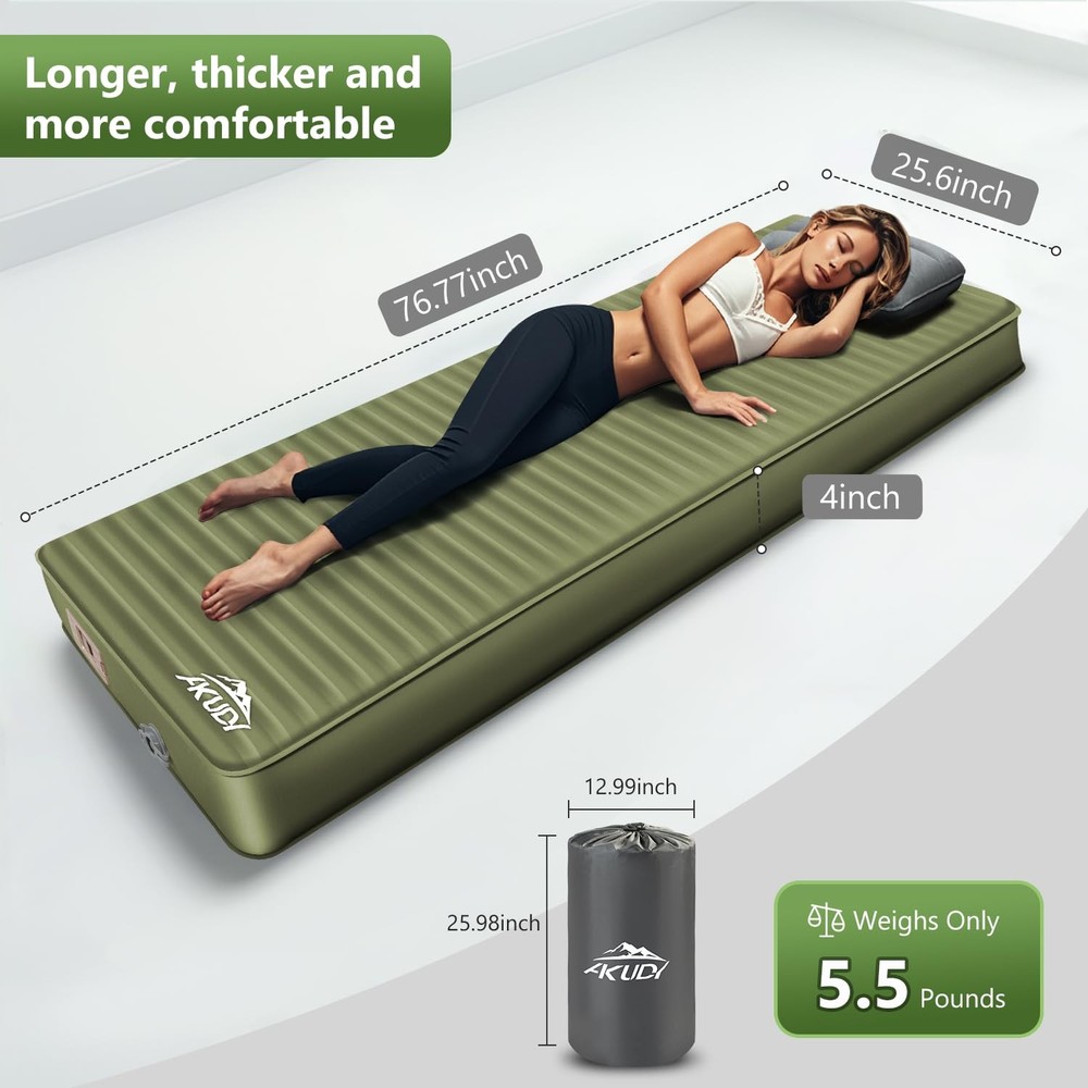 Self Inflating Sleeping Pad with Electric Pump, 4" Ultra-Thick Memory Foam Ca...