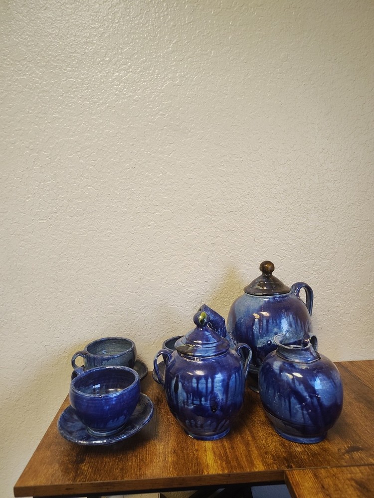 Handmade Blue Glazed Pottery Tea Set
