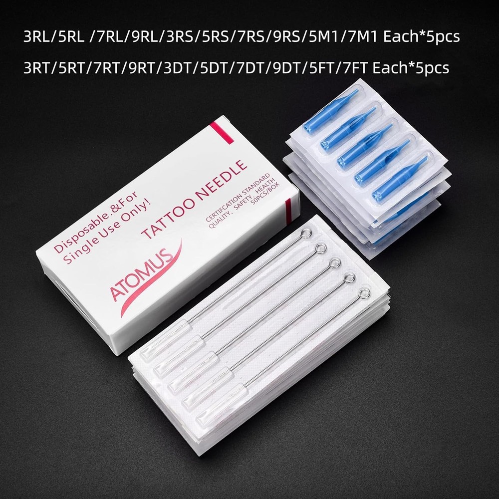Tattoo Needles & Tips Set, ATOMUS 50pcs Disposable Mixed +...