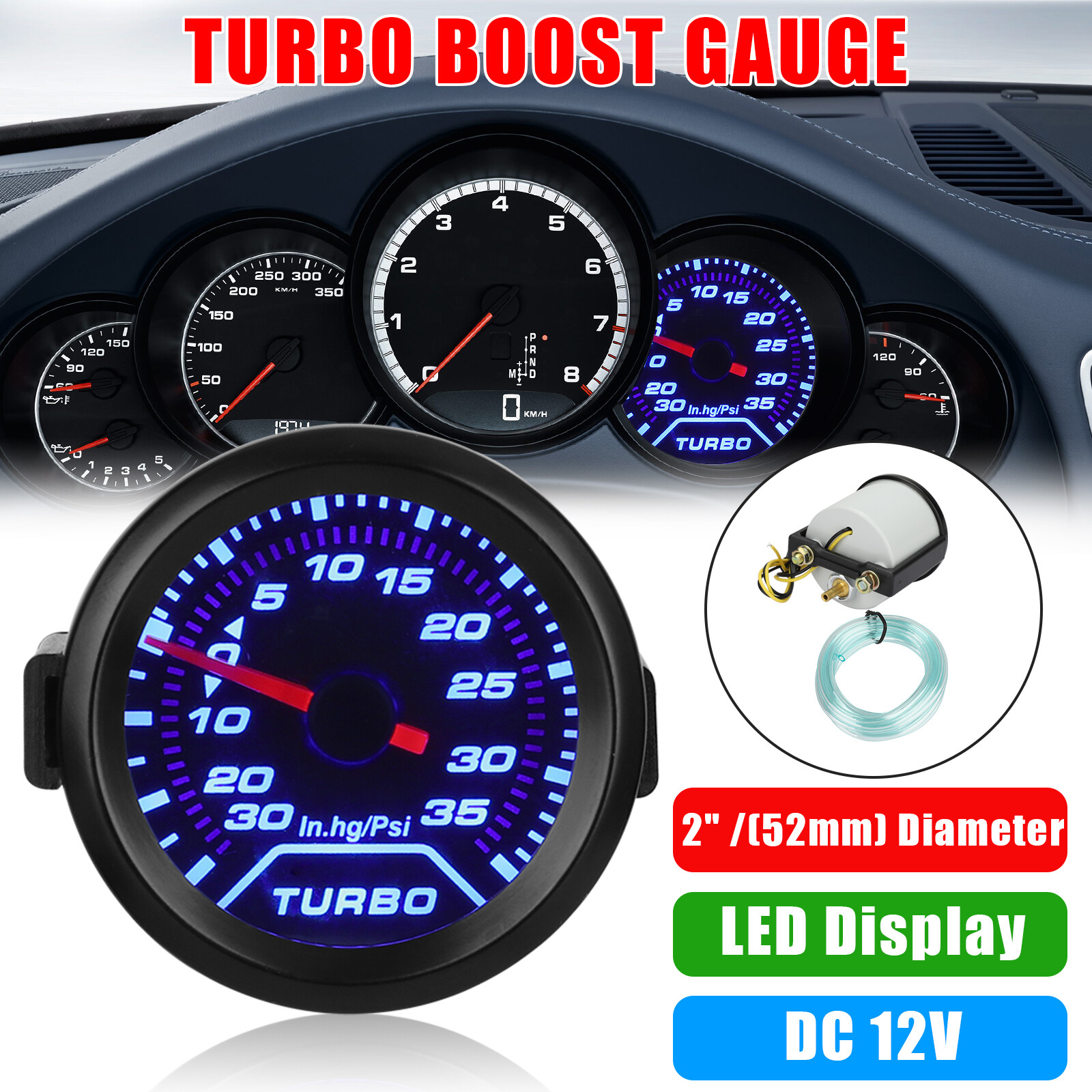 Universal 2" 52mm Digital Boost Gauge 0-35 PSI Pressure Turbo Meter Smoked Face