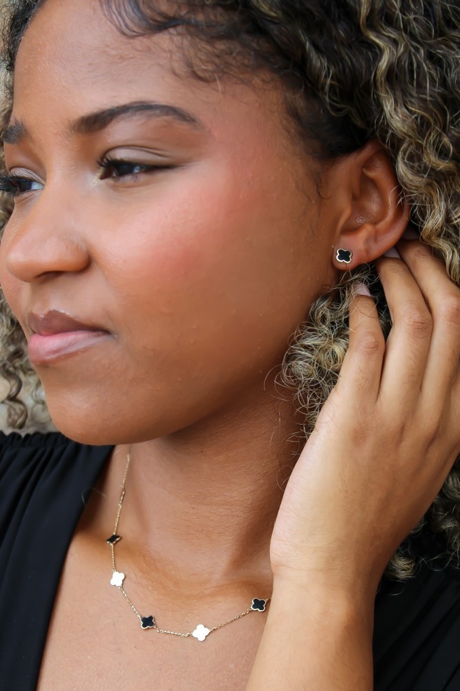 14K SOLID Gold Black Enamel Clover Studs, Push Back Earrings Enamel Studs 4 Leaf