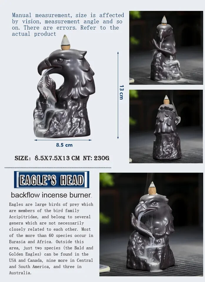 Eagle Head Backflow Cone Incense Burner holder waterfall ceramic reverse