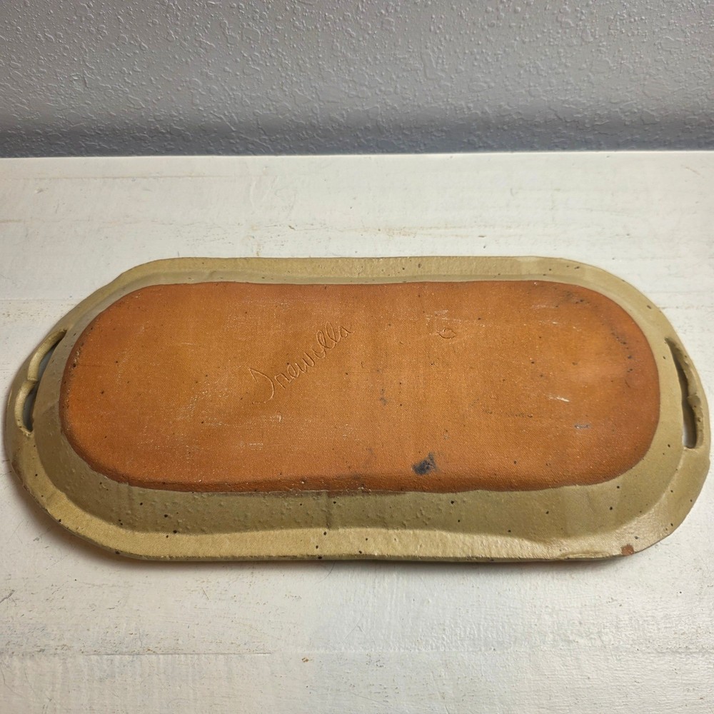 Vintage Signed Studio Pottery Speckled Stoneware Serving Tray Botanical Pattern