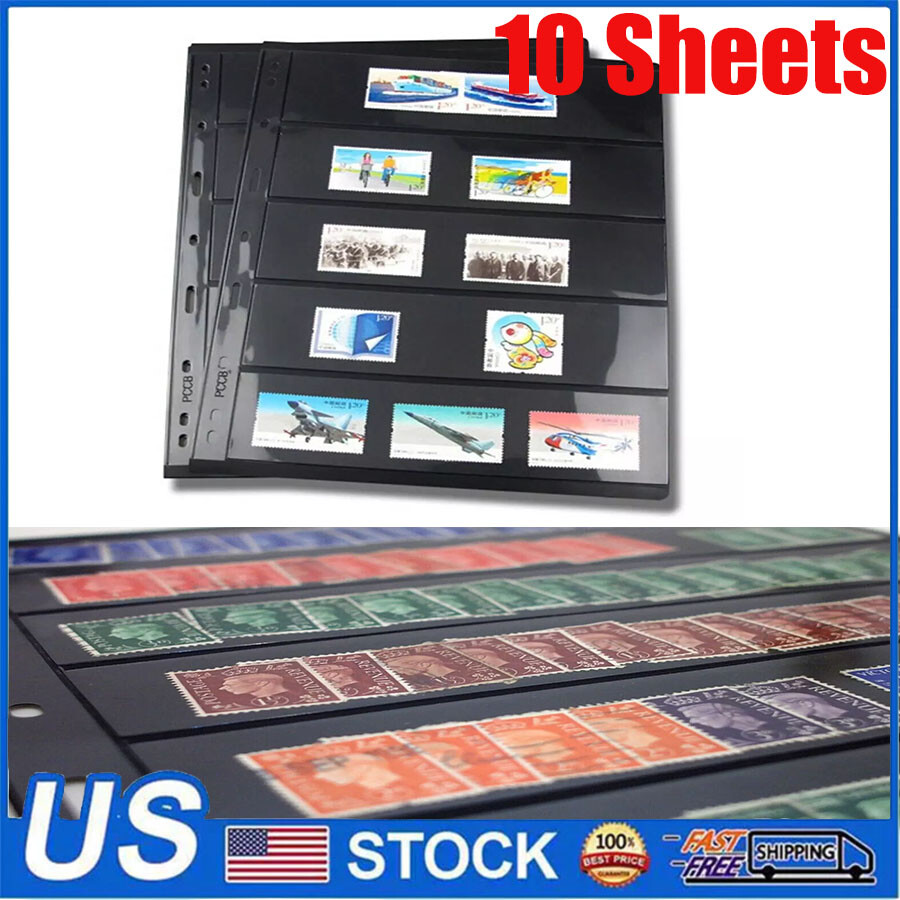 10PCS  Stamp Stock Pages 5 Rows Double Side Archival Sheet Black US