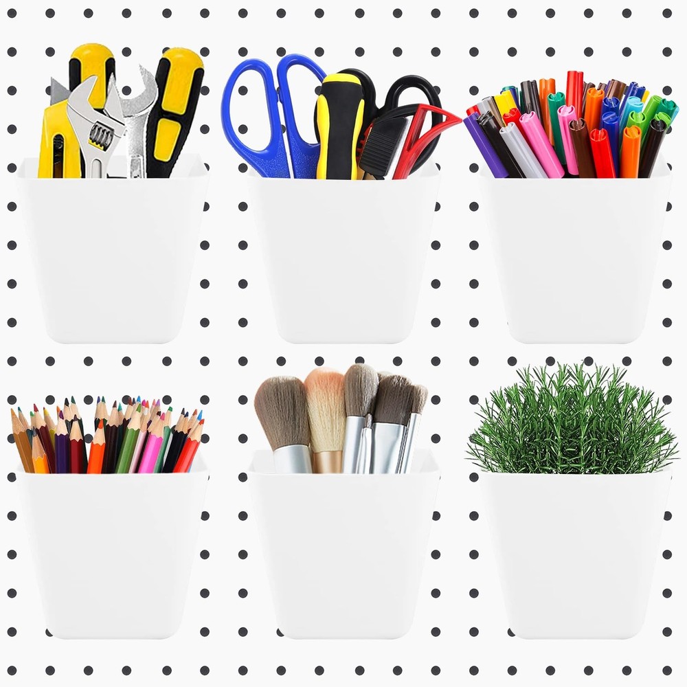 6Pack Pegboard Cups, Large Square Bins with Hooks, White, Polypropylene (PP),...